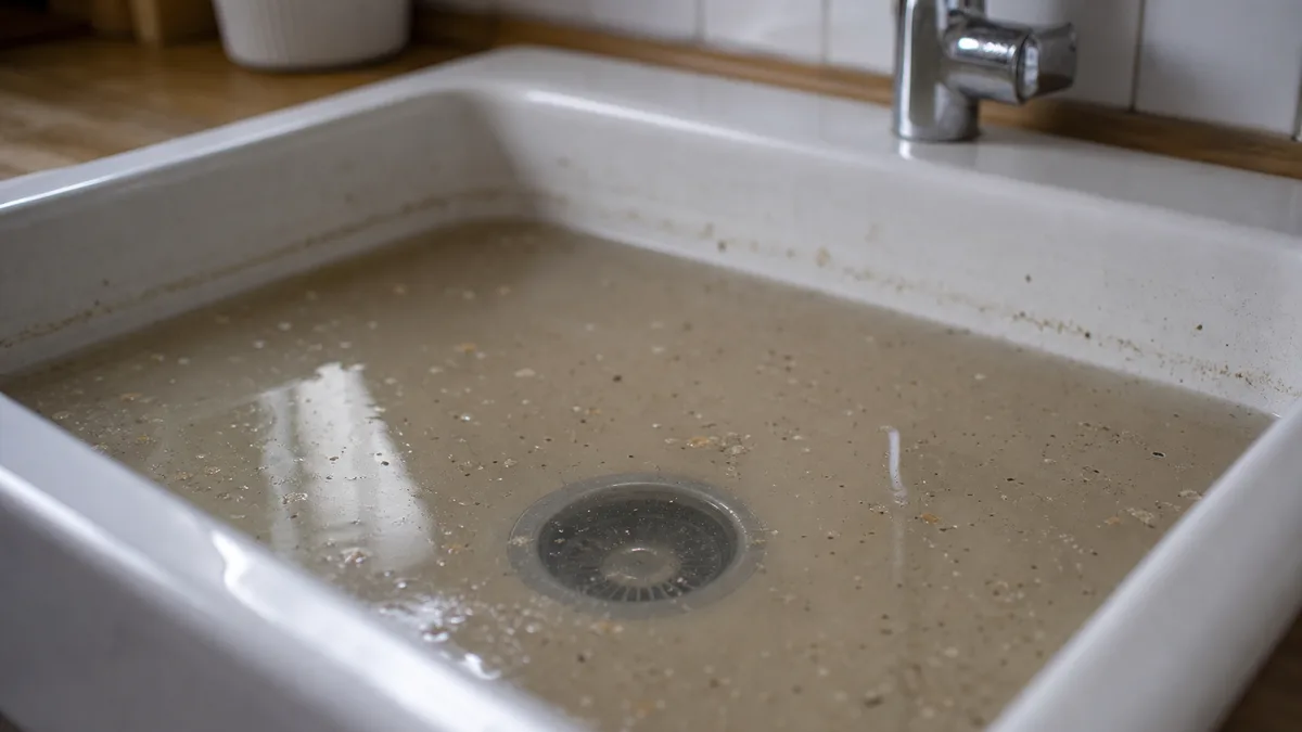 Küchenspüle mit stehendem Wasser und sichtbarem Abfluss – Detailaufnahme eines blockierten Küchenabflusses
