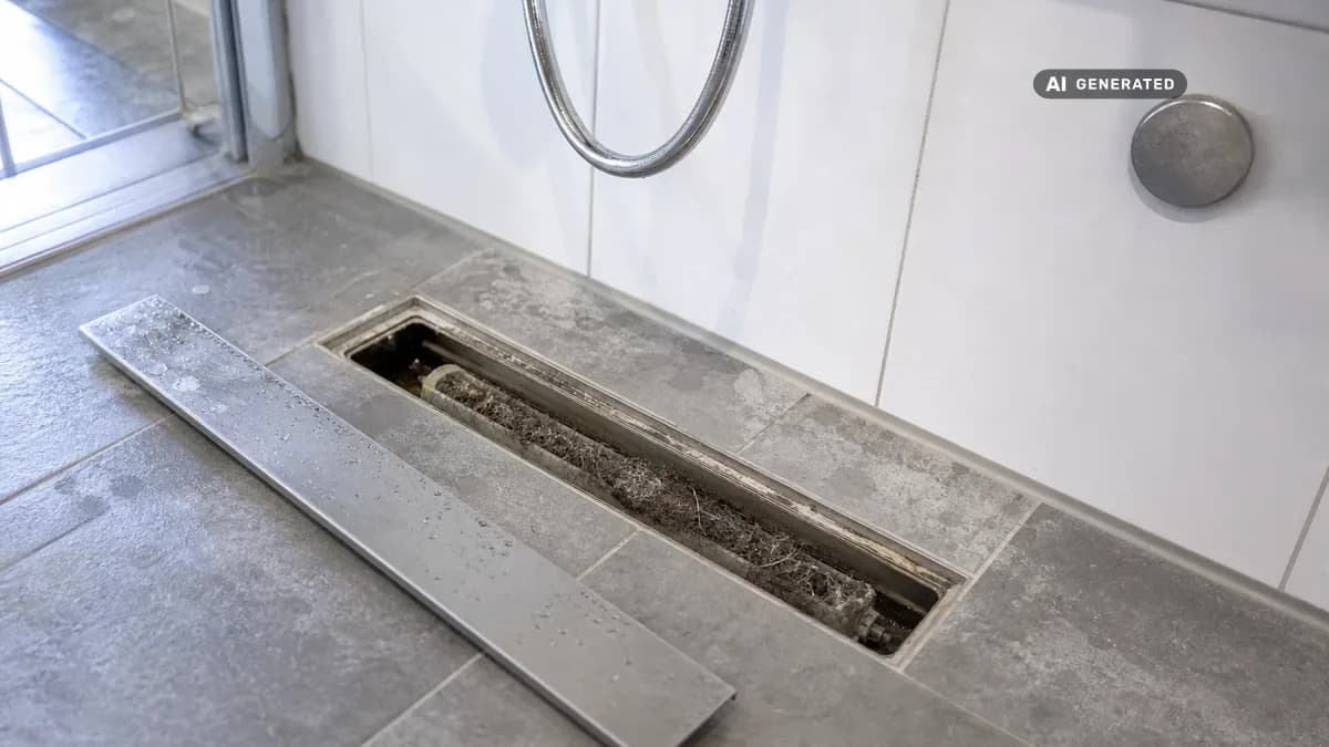 KI-generiertes Bild: Bodengleiche Dusche mit abgenommenem Ablaufgitter, sichtbarer Ablauf mit Haaren im Sieb
