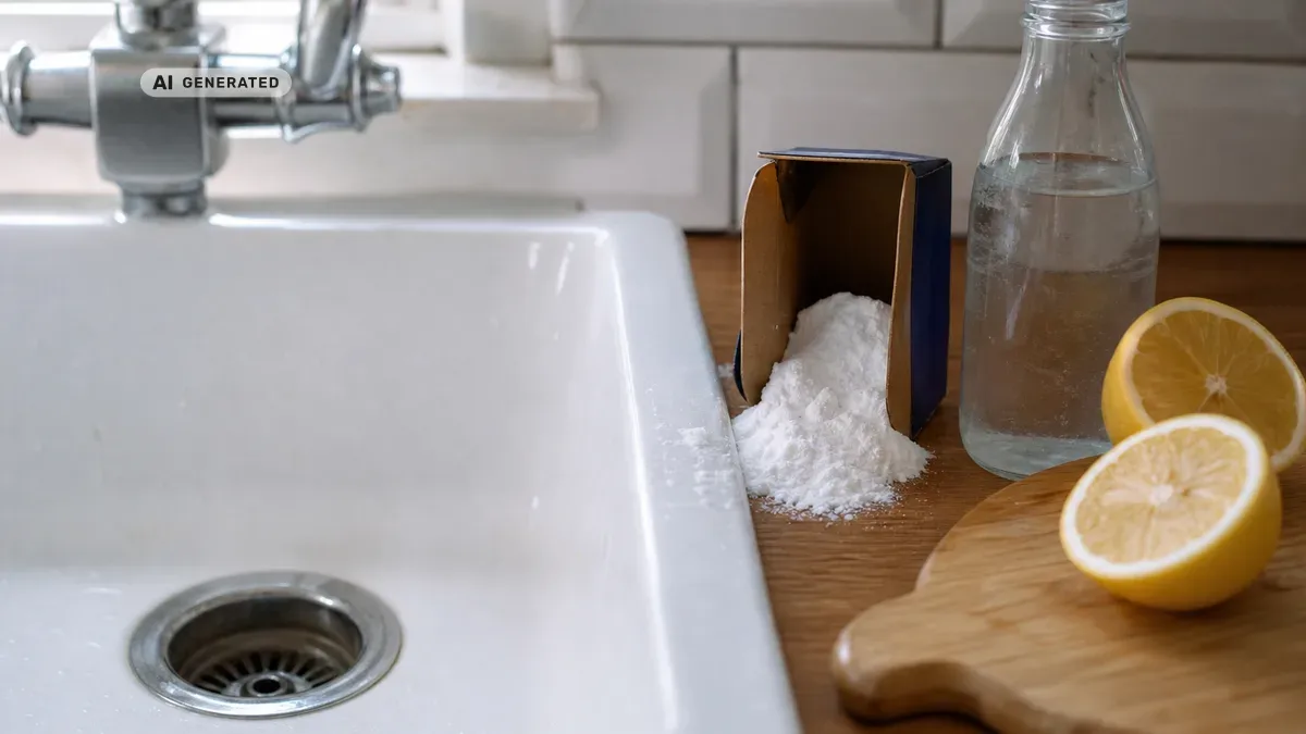 KI-generiertes Bild: Küchenspüle mit Natron, einer Essigflasche und einer Zitrone daneben, im Hintergrund ein leicht verstopfter Abfluss