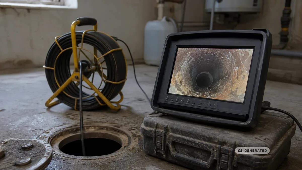KI-generiertes Bild: Ein Techniker führt im Keller eines Einfamilienhauses eine Kanalkamera in die Revisionsöffnung ein, neben ihm zeigt ein Monitor das Livebild einer Abwasserleitung mit Ablagerungen