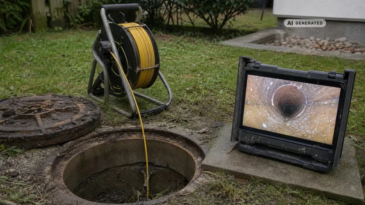 KI-generiertes Bild: Techniker führt eine Kanalkamera in einen offenen Revisionsschacht im Garten eines Einfamilienhauses ein, daneben zeigt ein Monitor das Live-Bild aus dem Abwasserrohr