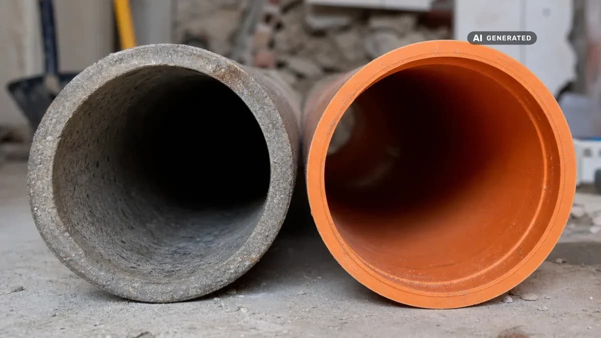 KI-generiertes Bild: Nebeneinandergestellter Querschnitt eines Steinzeugrohrs und eines Kunststoff-Kanalrohrs auf einer Baustelle