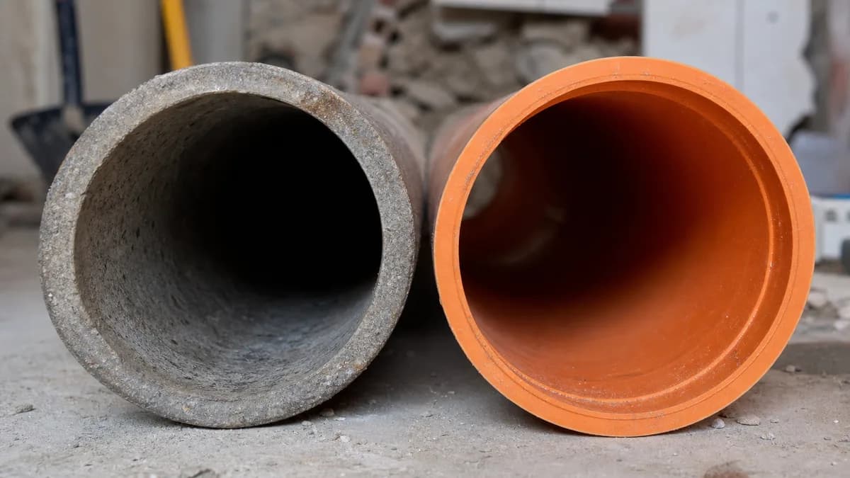 Nebeneinandergestellter Querschnitt eines Steinzeugrohrs und eines Kunststoff-Kanalrohrs auf einer Baustelle