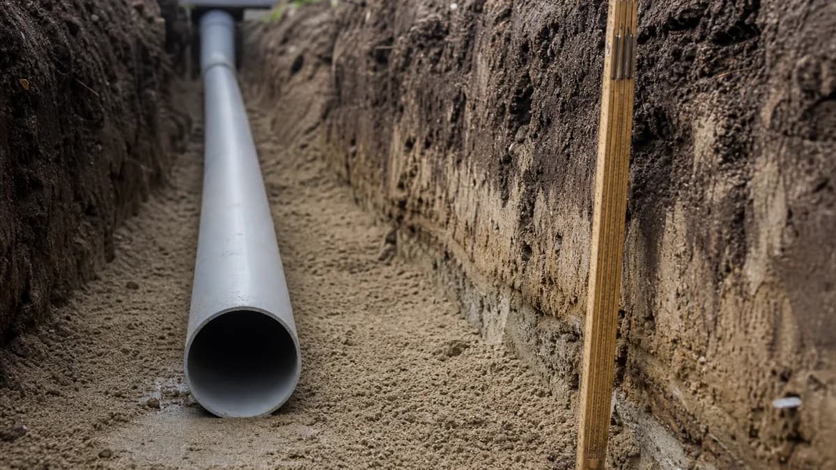 Kanalrohr liegt in einem Graben mit Sandbettung, Überdeckungstiefe mit Maßstab sichtbar