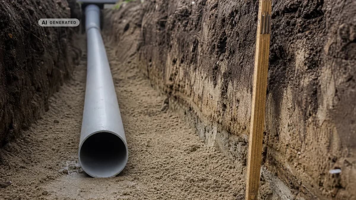 KI-generiertes Bild: Kanalrohr liegt in einem Graben mit Sandbettung, Überdeckungstiefe mit Maßstab sichtbar