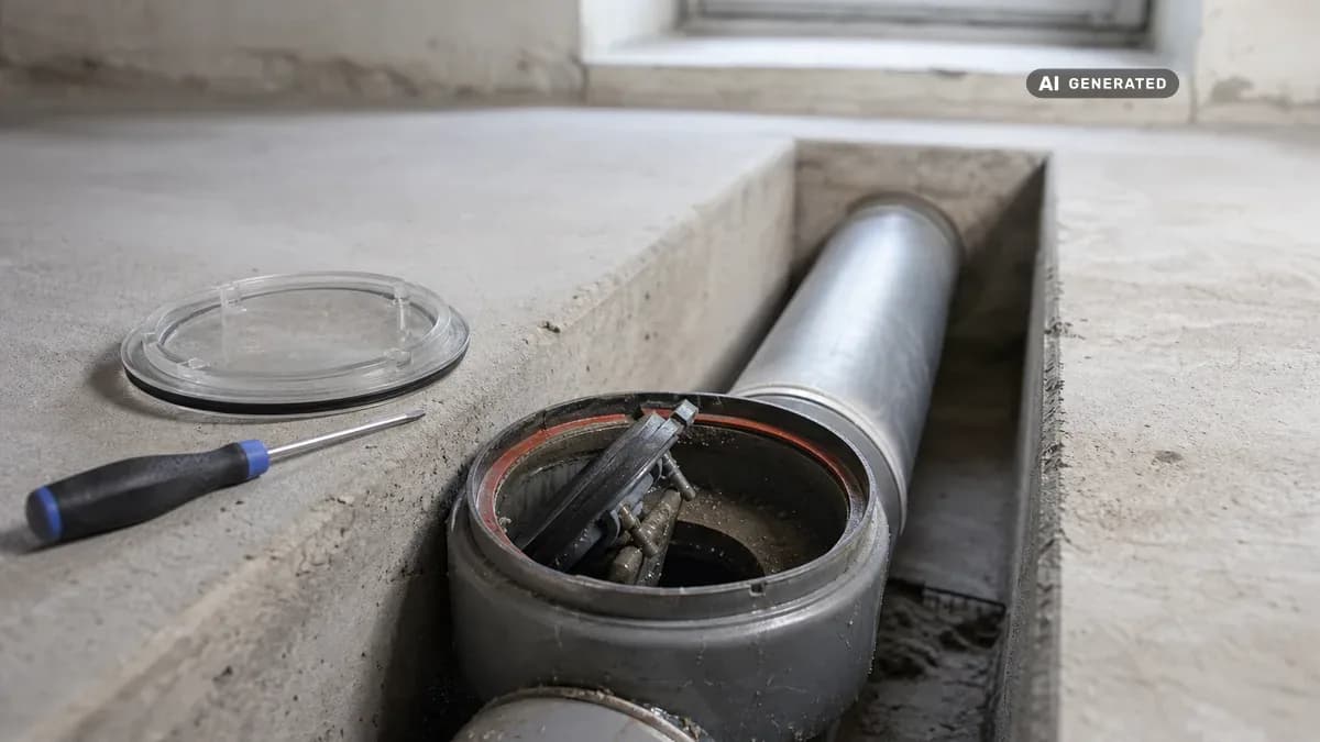 KI-generiertes Bild: Techniker kontrolliert eine geöffnete Rückstauklappe in einer horizontal verlaufenden Abwasserleitung im Kellerboden eines Einfamilienhauses