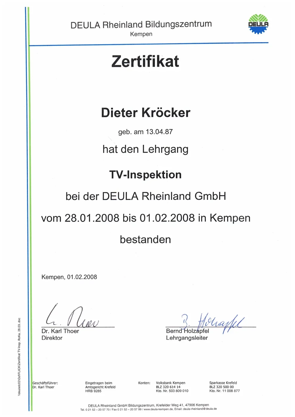 DEULA-Zertifikat TV-Inspektion – Dieter Kröcker, Kaseo GmbH