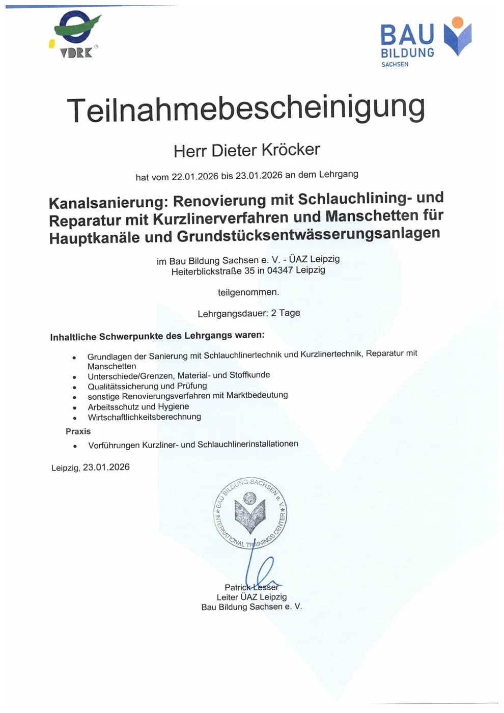 DEULA-Zertifikat Kanalsanierung – Dieter Kröcker, Kaseo GmbH