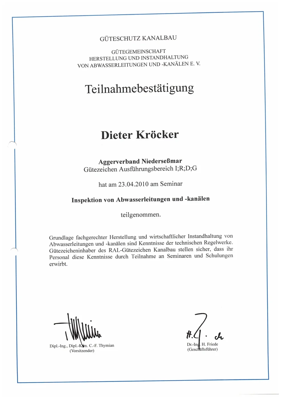 DEULA-Zertifikat Inspektion von Abwasserleitungen – Kaseo GmbH