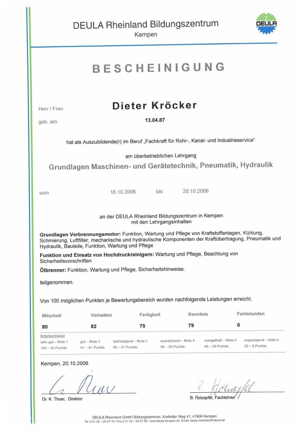 DEULA-Bescheinigung Maschinen- und Gerätetechnik – Dieter Kröcker, Kaseo GmbH