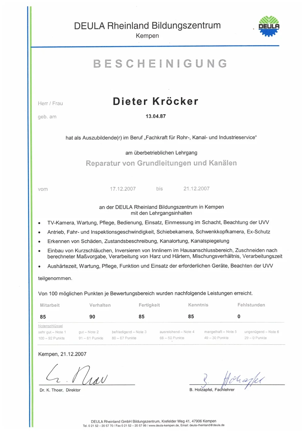 DEULA-Zertifikat Reparatur von Grundleitungen und Kanälen – Kaseo GmbH
