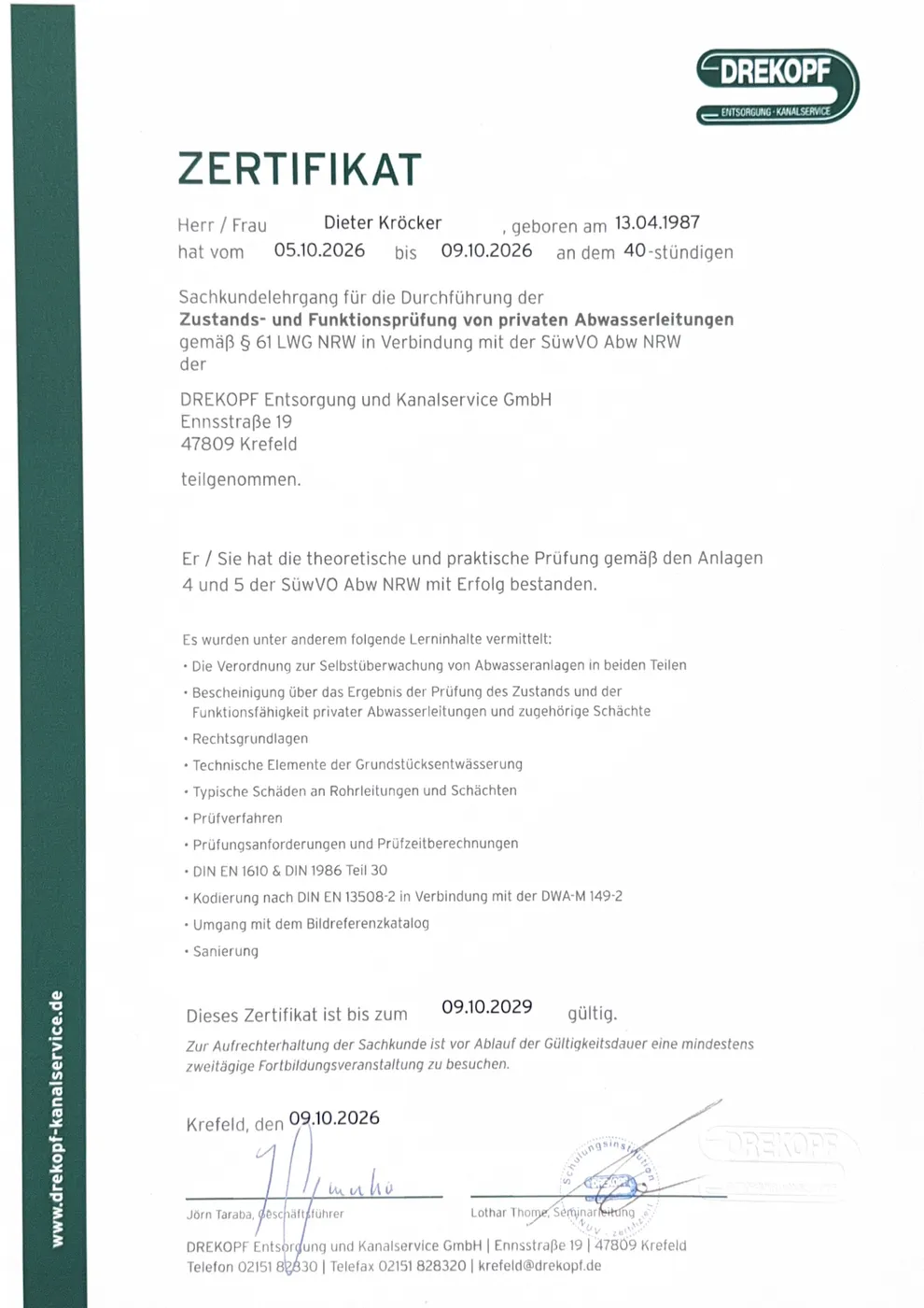 Sachkunde-Zertifikat Zustands- und Funktionsprüfung privater Abwasserleitungen nach SüwVO Abw NRW – Kaseo GmbH